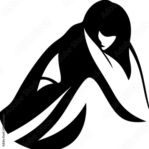 Abstract silhouette of woman sitting wrapped in flowing fabric  