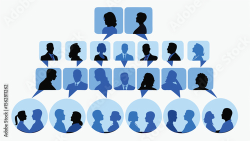 Hierarchical chart showing relationships between people in silhouette with blue color scheme and white background