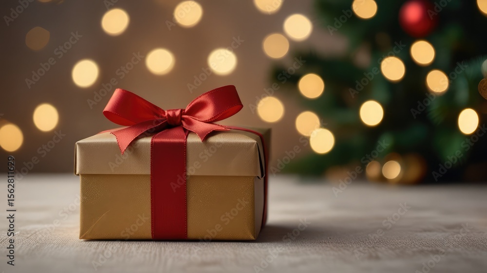 A gold gift box with a red ribbon sits on a table before a softly lit Christmas tree. A gold gift box with a red ribbon sits on a table before a softly lit Christmas tree.