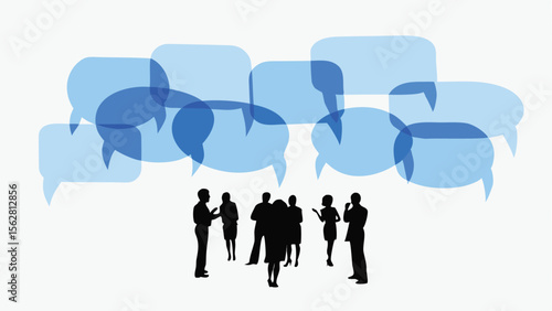 Silhouette of people in a group with overlapping speech bubbles above them suggesting conversation and ideas