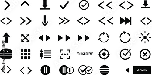 A collection of various black and white ui icons arranged in a grid pattern