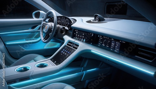 Sleek modern car interior showcasing advanced technology and ambient lighting in a futuristic setting (1)