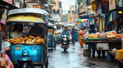 Vibrant Street Scene: Food Stalls and Rickshaws in a Busy Indian Market