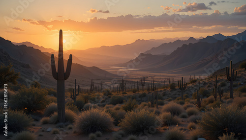 Desert landscape view with saguaro cactus at sunset and distant mountains in background