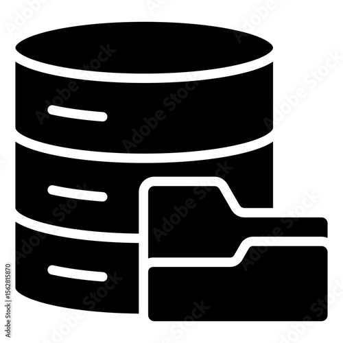 Database Folder Glyoh Silhouette Black Icon Vector Design - A database stack with an overlay folder, representing stored or categorized data