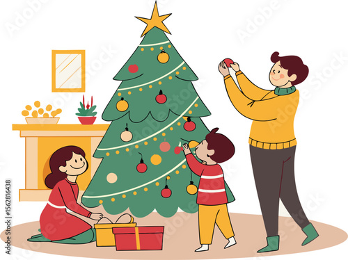 Christmas Tree Being Decorated By A Family