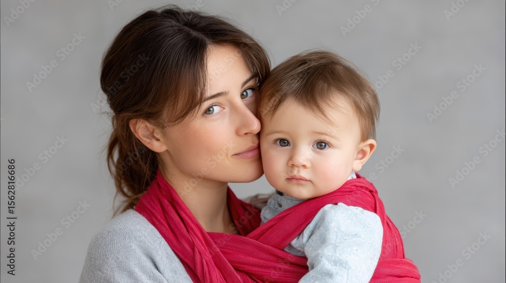 Baby sleeping in traditional wrap, A mother holds her baby close, wrapped in a red sling, both looking calmly into the camera with a neutral gray background. Baby sleeping in traditional wrap, A mother holds her baby close, wrapped in a red sling, both looking calmly into the camera with a neutral gray background.