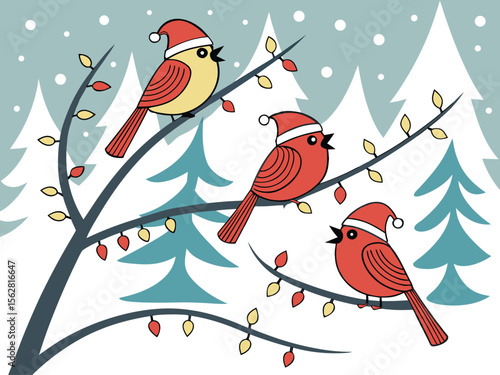 Festive Birds Wearing Santa Hats