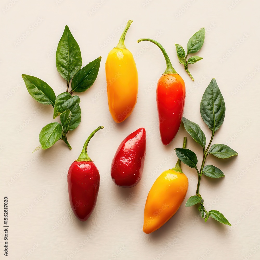 Flatlay of five mini peppers, red and yellow, arranged with sprigs of green leaves on a beige background Flatlay of five mini peppers, red and yellow, arranged with sprigs of green leaves on a beige background