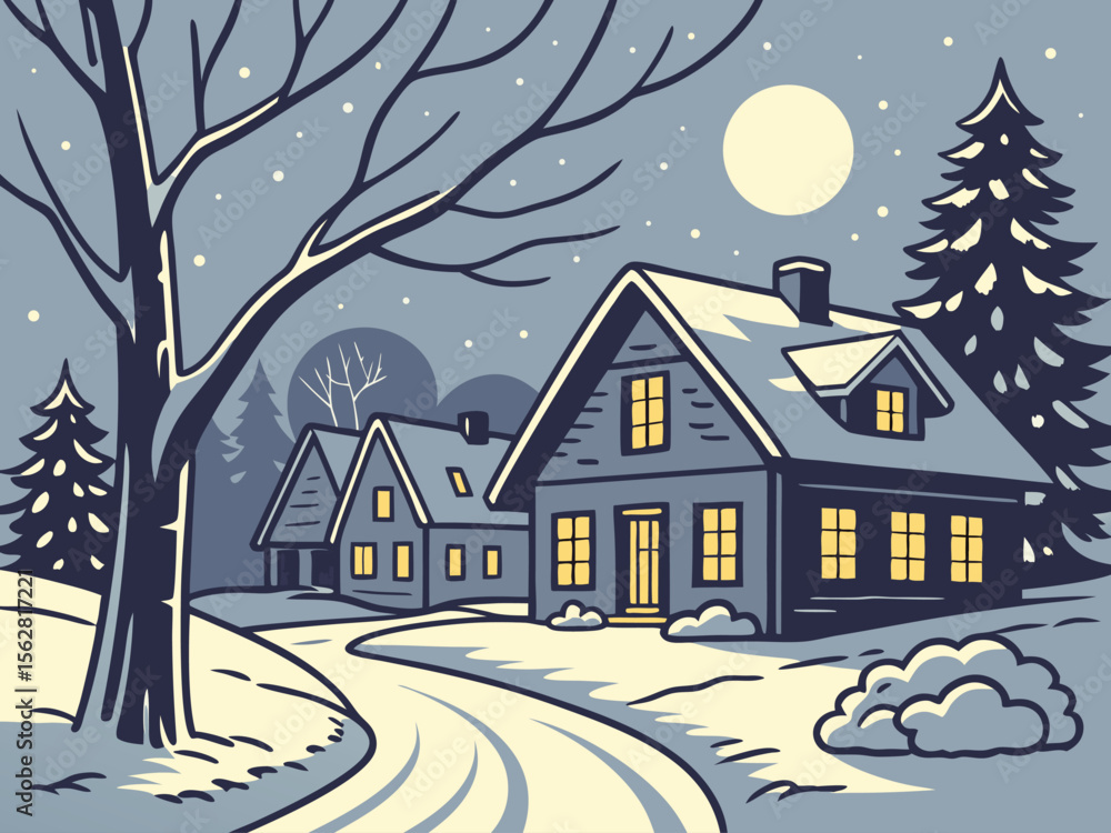 Fototapeta premium Snow Covered Village At Night