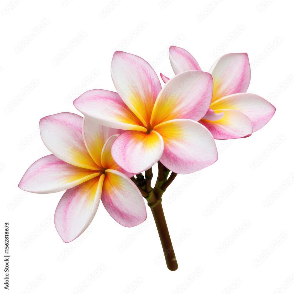 Fototapeta premium Three delicate pink and yellow plumeria flowers on a branch isolated on transparent background