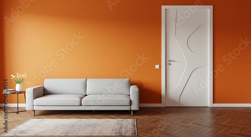 Orange living room and orange wall background light grey sofa and avangard white door. Modern home decoration brown parquet and carpet design.