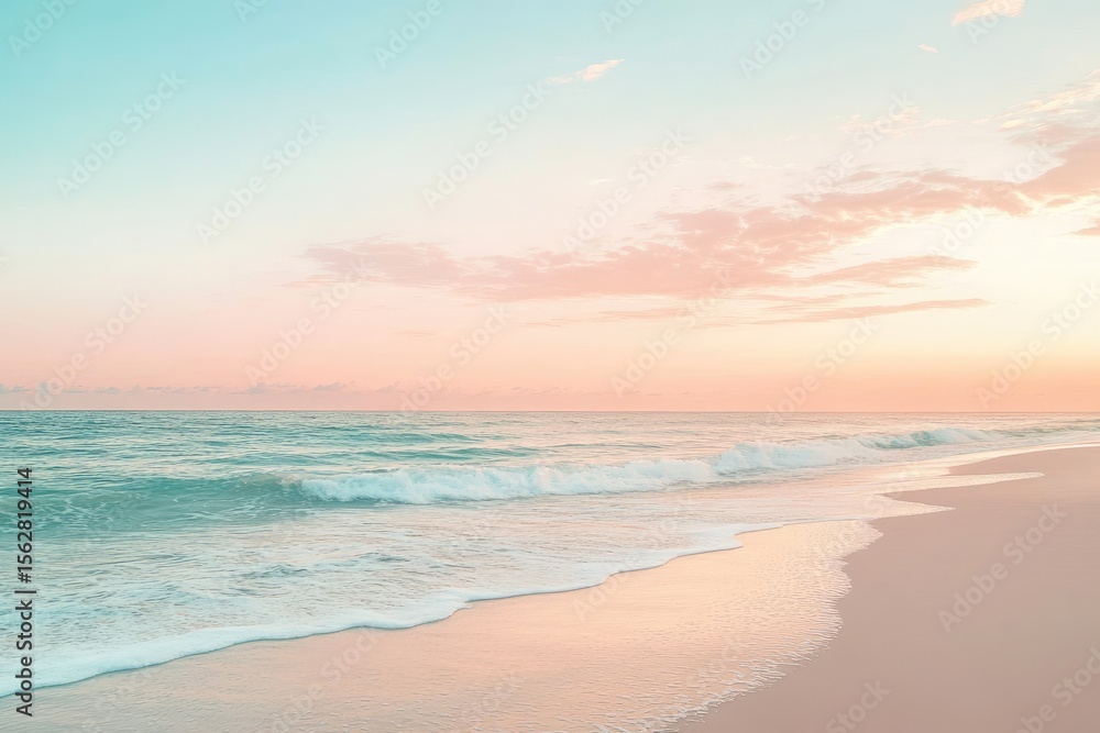 Obraz premium Pastel beach sunset. Soft, muted colors of pink, teal, and peach paint a tranquil beach scene at sunset. Gentle waves lap against the shore
