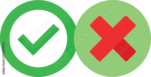 Vector art of a green check mark in a circle sits next to a red cross in a circle, representing approval and rejection