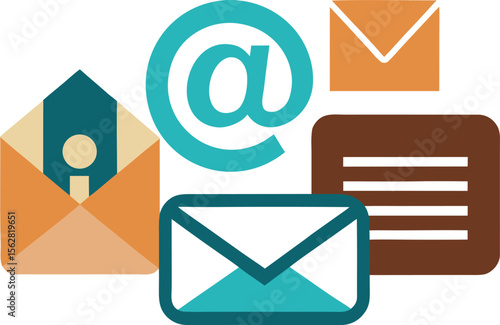 Vector art of a collection of email and communication icons, including open and closed envelopes and an symbol