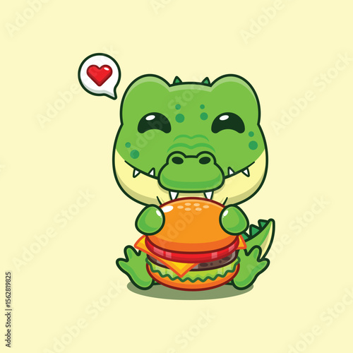 Cute crocodile with burger cartoon vector illustration