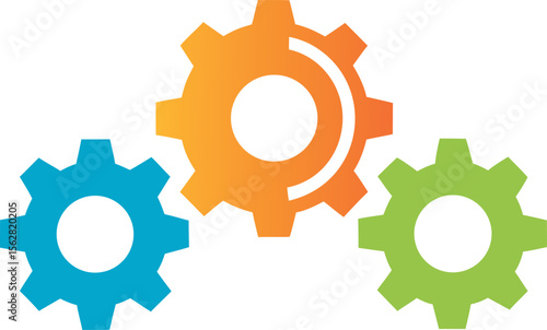 Vector art of three colorful gears interlocked, representing teamwork and mechanical processes, isolated on white background