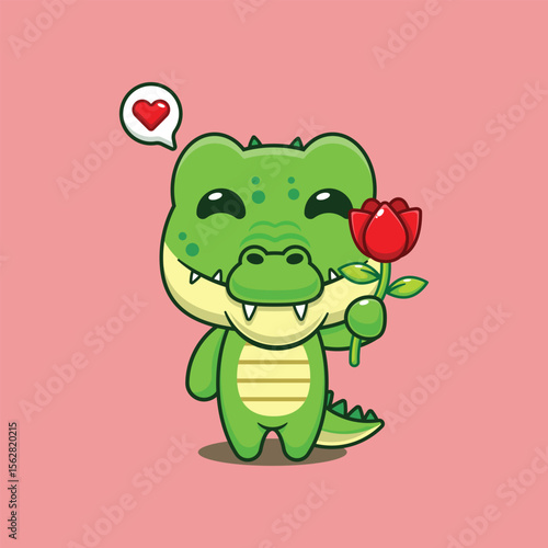 Cute crocodile holding rose flower cartoon vector illustration