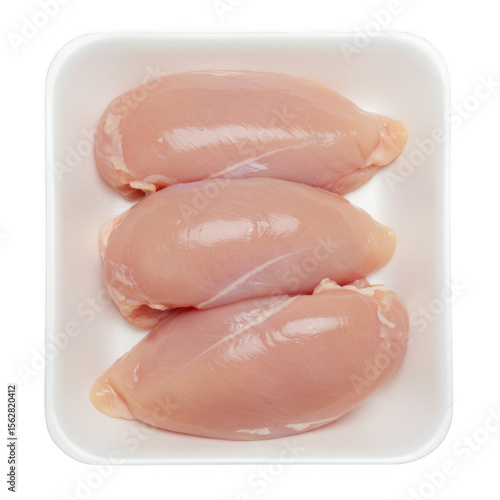 Three raw chicken breasts packaged in a white styrofoam tray isolated on transparent background