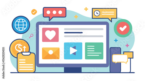Vector art of a computer screen displays icons for social media, email, and internet communication