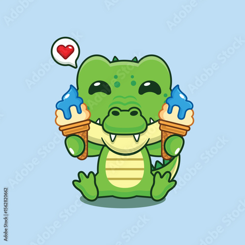 Cute crocodile with ice cream cartoon vector illustration
