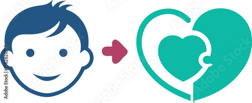 Vector art of a childs face transforms into a heart symbol, representing love, care, and health