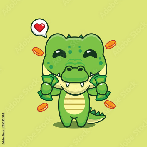 Cute crocodile holding money cartoon vector illustration