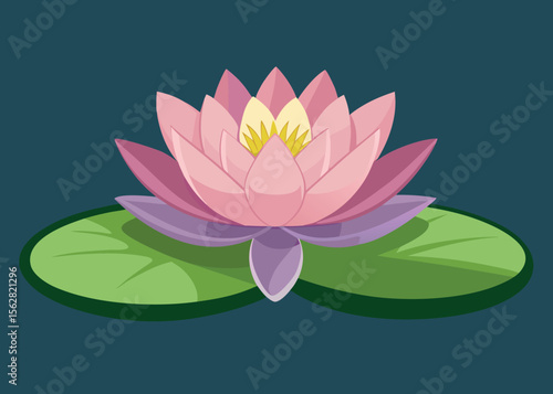 Vector art of a serene lotus flower blooming on lily pads isolated on white background