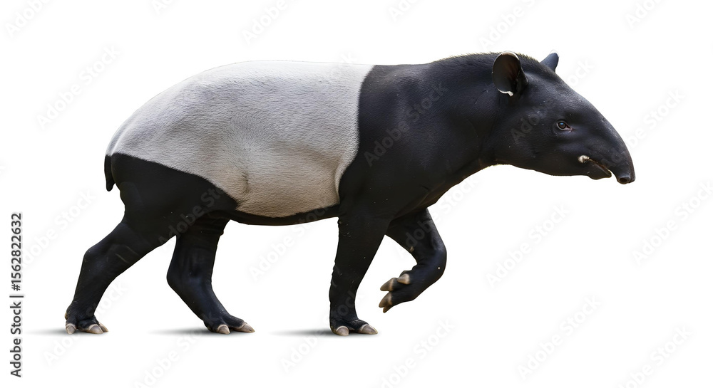Fototapeta premium 白黒の体色を持つマレーバクが歩いている姿の高解像度横向きポートレート、白背景で撮影された希少野生動物の自然な動きの一瞬を捉えた画像 - 生成AI