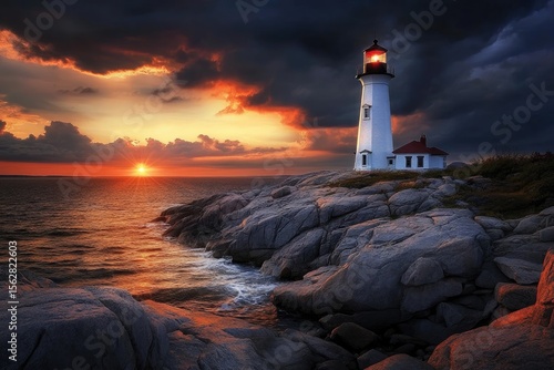 Wallpaper Mural Dramatic sunset over rocky coast, lighthouse Torontodigital.ca