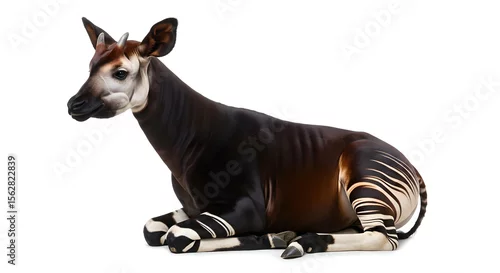 Obraz 白背景に座ってリラックスする希少動物オカピの全身高解像度ポートレート、特徴的なしま模様と滑らかな毛並みが美しい熱帯雨林の絶滅危惧種の静かな姿 - 生成AI