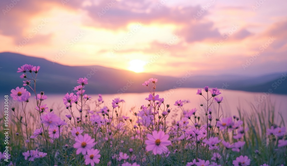 Sunset over lake, wildflowers Sunset over lake, wildflowers