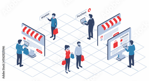 Isometric online shopping experience with customers, laptops, and virtual storefronts