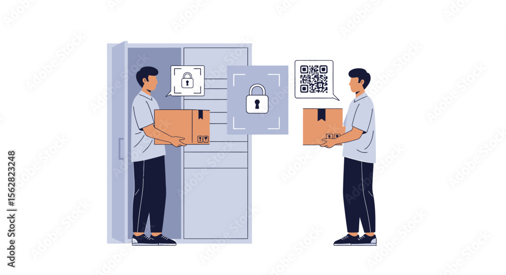 Secure Package Exchange: Two Individuals Transferring Cardboard Boxes via QR Code and Digital Lock Verification Secure Package Exchange: Two Individuals Transferring Cardboard Boxes via QR Code and Digital Lock Verification
