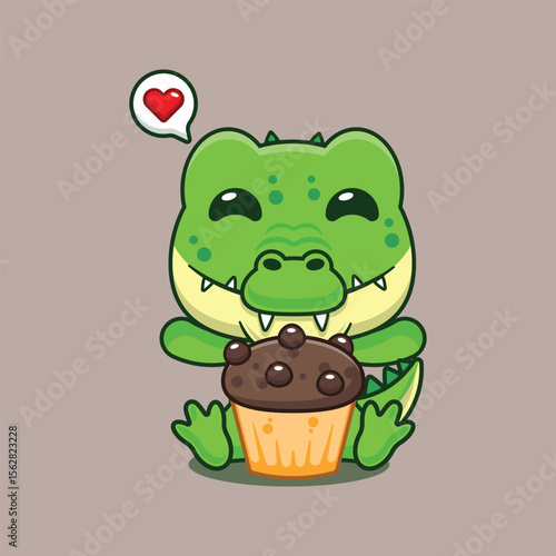 Cute crocodile with cup cake cartoon vector illustration