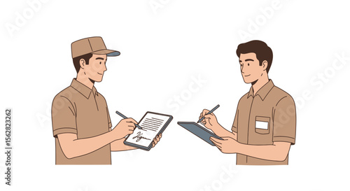 Two delivery men signing documents on tablets with pens, wearing brown uniforms