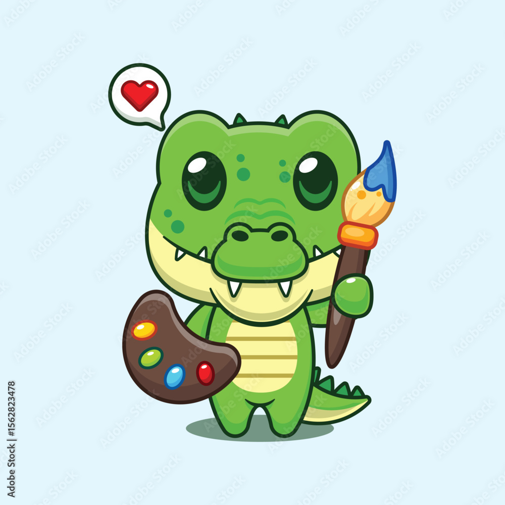 Obraz premium Cute crocodile painter cartoon vector illustration