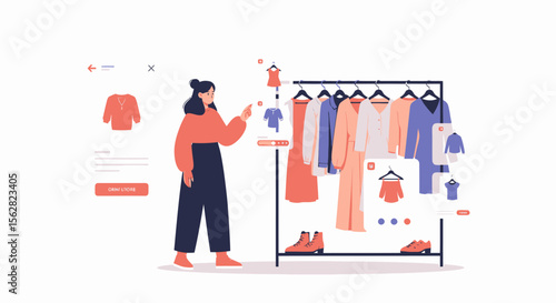 Woman virtually shopping for clothes on a rack with shoes below