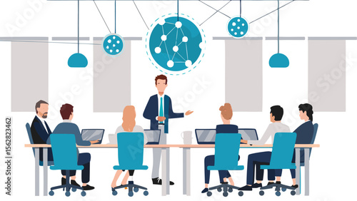 Illustration of a business meeting with people sitting around a table and a presenter standing up front