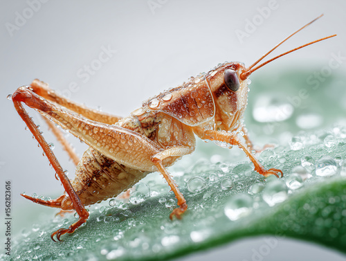 Close-up of a cricket on a leaf with water droplets