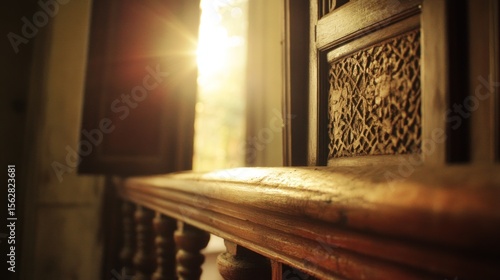 Wallpaper Mural Ornate Wooden Window with Sunlight Streaming Through, Warm Interior Glow Torontodigital.ca