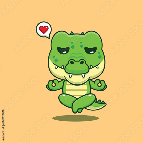 Cute crocodile doing meditation yoga cartoon vector illustration