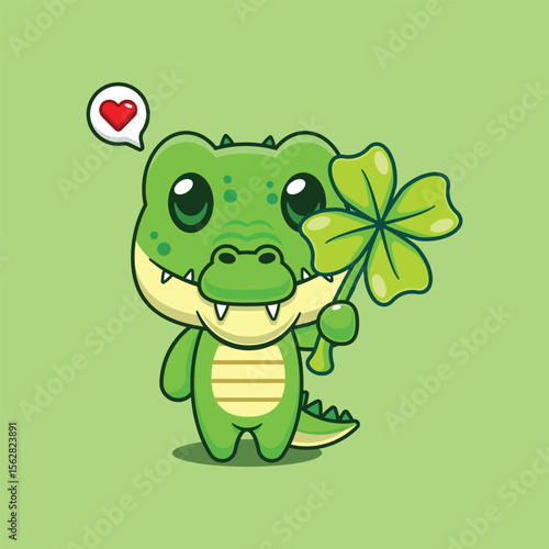 Cute crocodile with clover leaf cartoon vector illustration