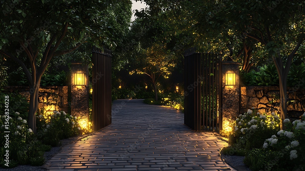 Obraz premium Evening gateway welcomes with warm illumination amid a lush, tranquil garden scene and inviting stone path.