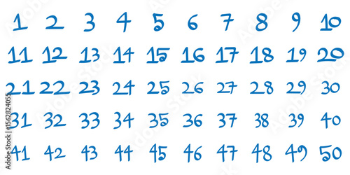 Handwritten Numbers 1–50 Chart. Playful Handwritten Number Grid (1–50). Educational Number Display: 1 to 50 in Handwritten Style. eps 10