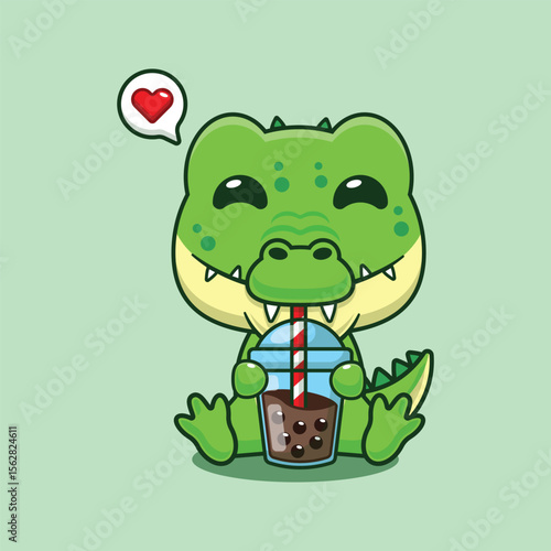Cute crocodile drink bubble milk tea cartoon vector illustration