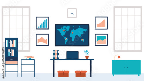 Illustration of an office space with a desk, world map, and various decorative elements displayed