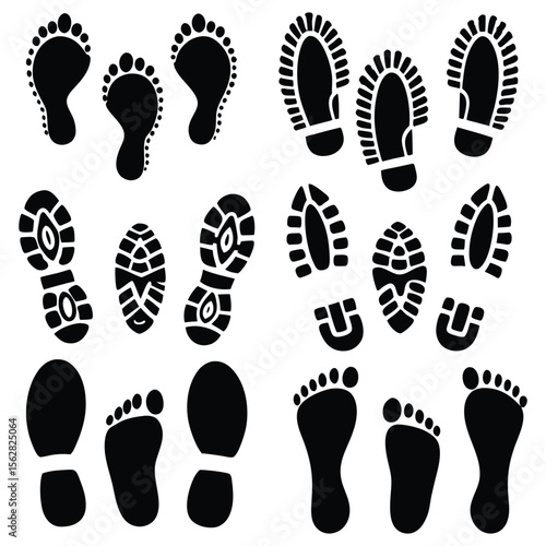 Footprint trail shows bare foot steps alongside shoe prints in vector silhouette illustration isolated on white