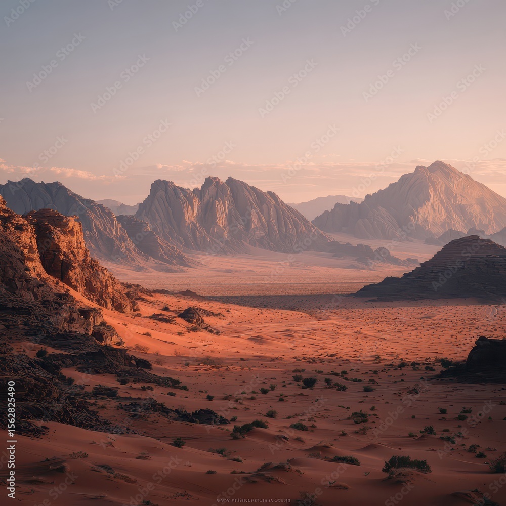 Naklejka premium Soft light bathes a vast, sandy desert landscape, punctuated by rocky, layered mountains in the distance under a pale sky