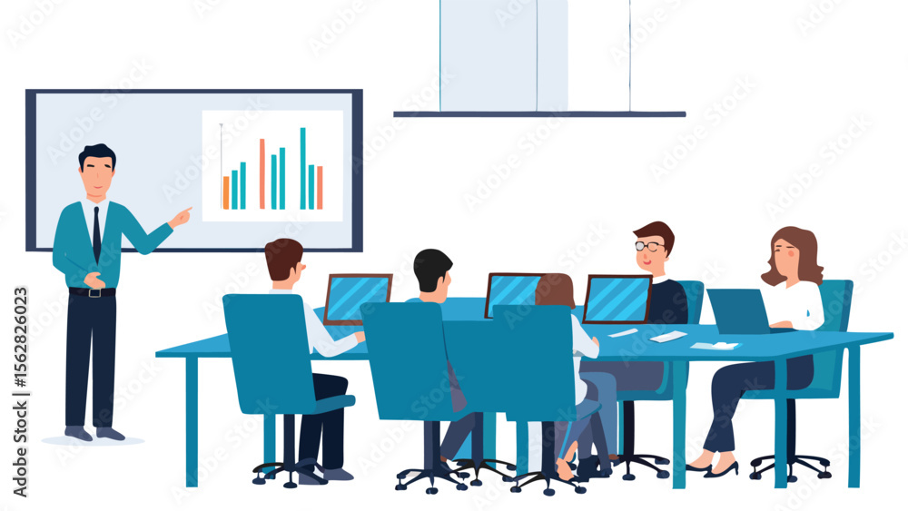 Presentation of graph on whiteboard to a group of people sitting at a long table with laptops Presentation of graph on whiteboard to a group of people sitting at a long table with laptops